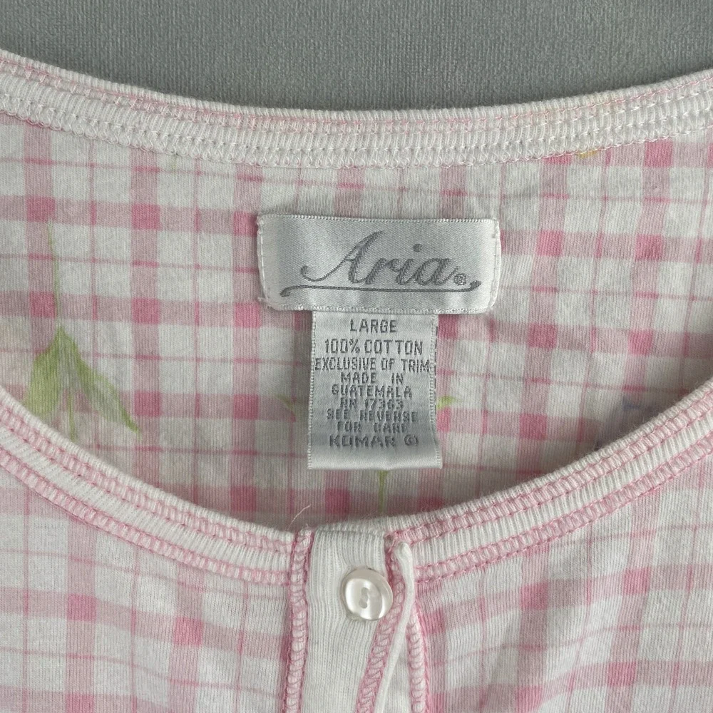 Aria Wmn L Pink White Plaid Button Sleep Shirt Top Floral Pockets Cotton Cottage